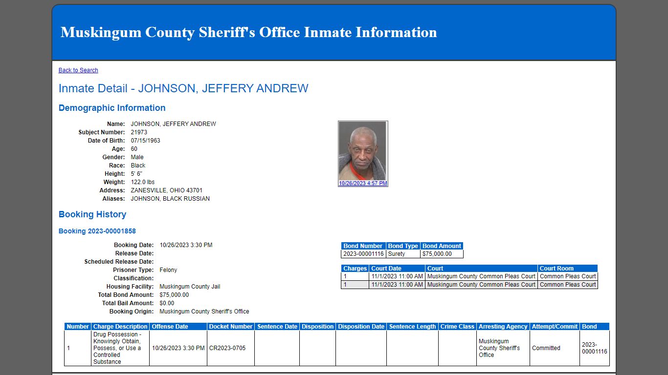 Inmate Detail - JOHNSON, JEFFERY ANDREW